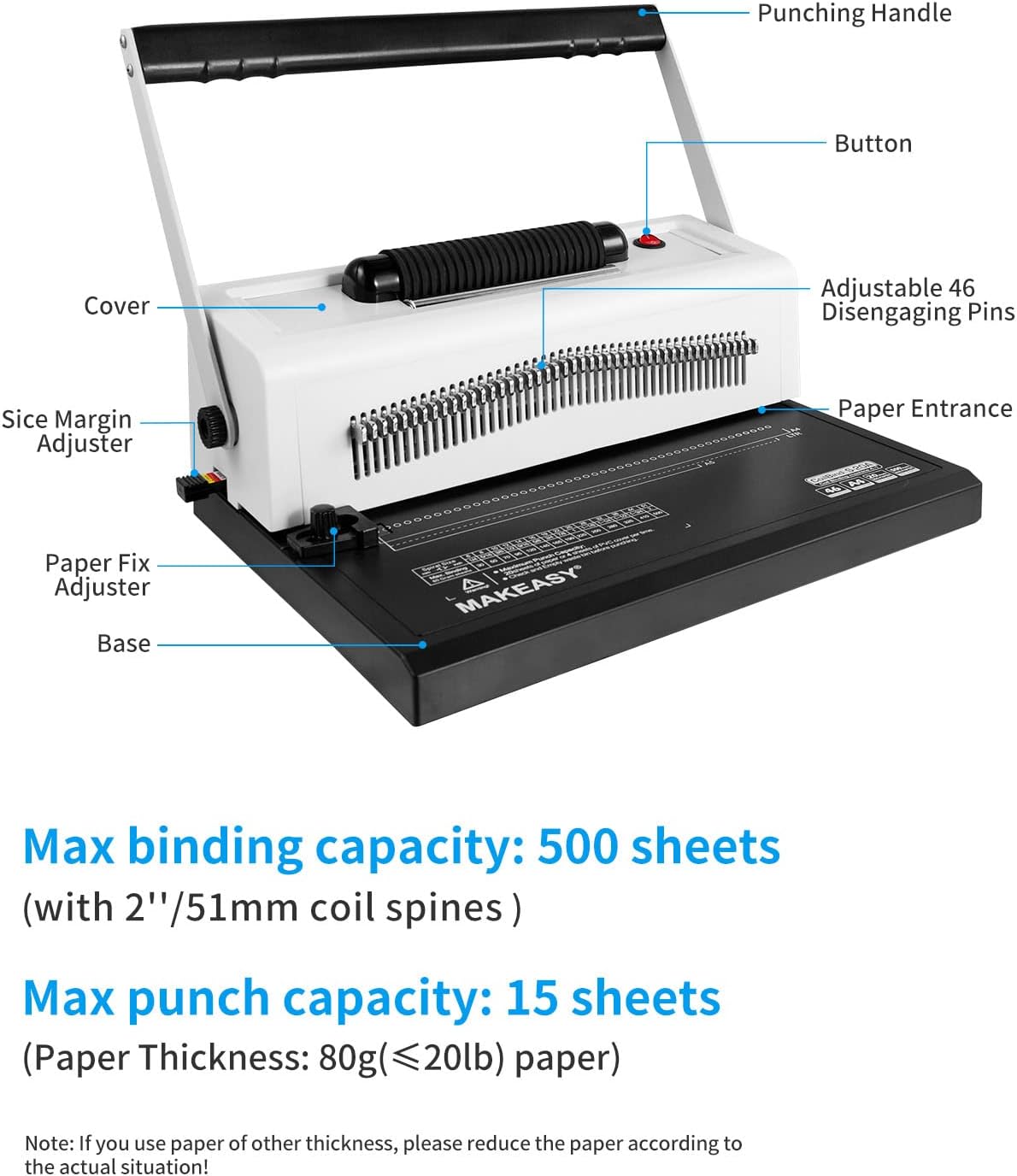 MAKEASY Spiral Coil Binding Machine for LTR/A4 - Disengaging Pins - 4 to 1 Pitch - 20 Sheet Punch Capacity - Electric Coil Inserter - Adjustable Side Margin, with Free 100pcs Coil Spines & Crimper - Image 6